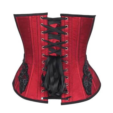 Red & Black Beaded Overbust Corset – Front Zip, Gothic Embroidery