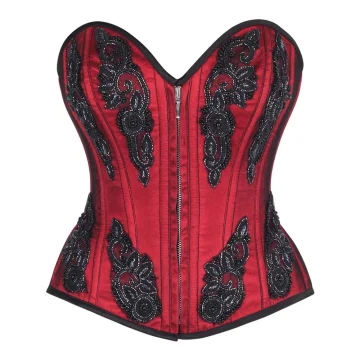 Red & Black Beaded Overbust Corset – Front Zip, Gothic Embroidery