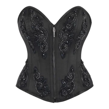 Black Beaded Overbust Corset – Front Zip, Embroidered