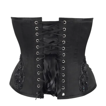 Black Beaded Overbust Corset – Front Zip, Embroidered