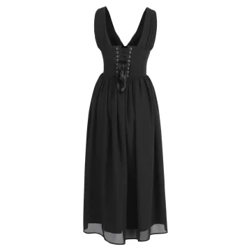 Black Corset Midi Dress Gold Embroidered Waist