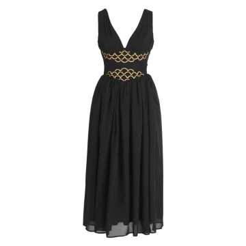 Black Corset Midi Dress Gold Embroidered Waist
